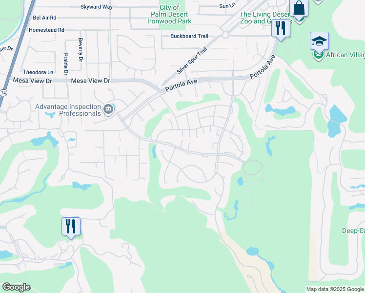 map of restaurants, bars, coffee shops, grocery stores, and more near 73356 Irontree Drive in Palm Desert