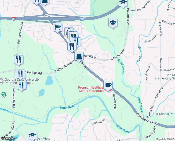 map of restaurants, bars, coffee shops, grocery stores, and more near 4025 Flat Shoals Parkway in Decatur