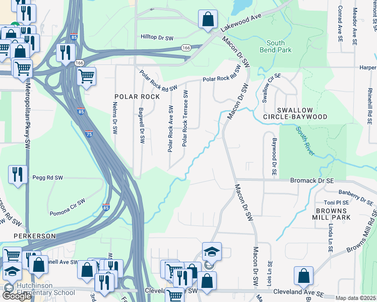 map of restaurants, bars, coffee shops, grocery stores, and more near 2318 Polar Rock Terrace Southwest in Atlanta