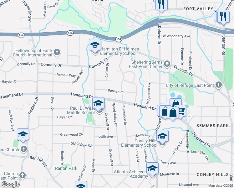 map of restaurants, bars, coffee shops, grocery stores, and more near 2297 Bonner Road in East Point