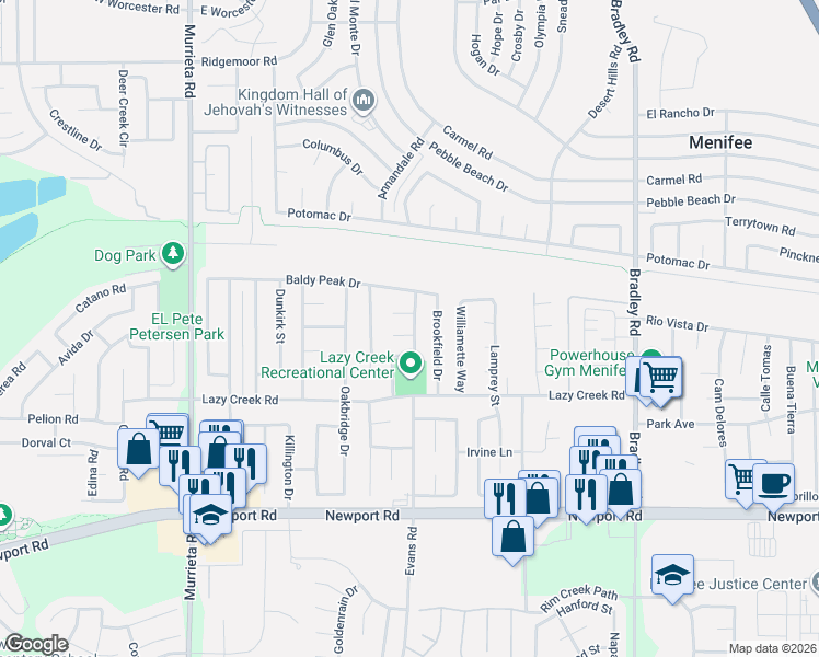 map of restaurants, bars, coffee shops, grocery stores, and more near 26484 Trancas Court in Menifee