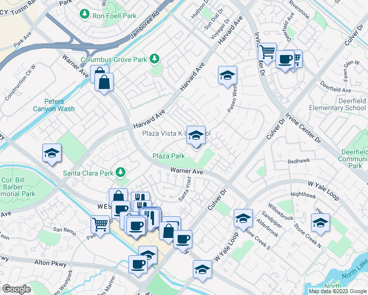 map of restaurants, bars, coffee shops, grocery stores, and more near 670 Paseo Westpark in Irvine