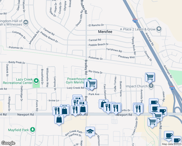 map of restaurants, bars, coffee shops, grocery stores, and more near 27051 Rio Vista Drive in Menifee