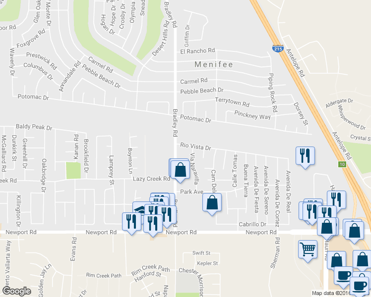 map of restaurants, bars, coffee shops, grocery stores, and more near 27051 Rio Vista Drive in Menifee