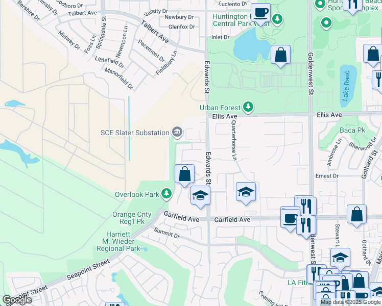 map of restaurants, bars, coffee shops, grocery stores, and more near 6416 Setting Sun Drive in Huntington Beach