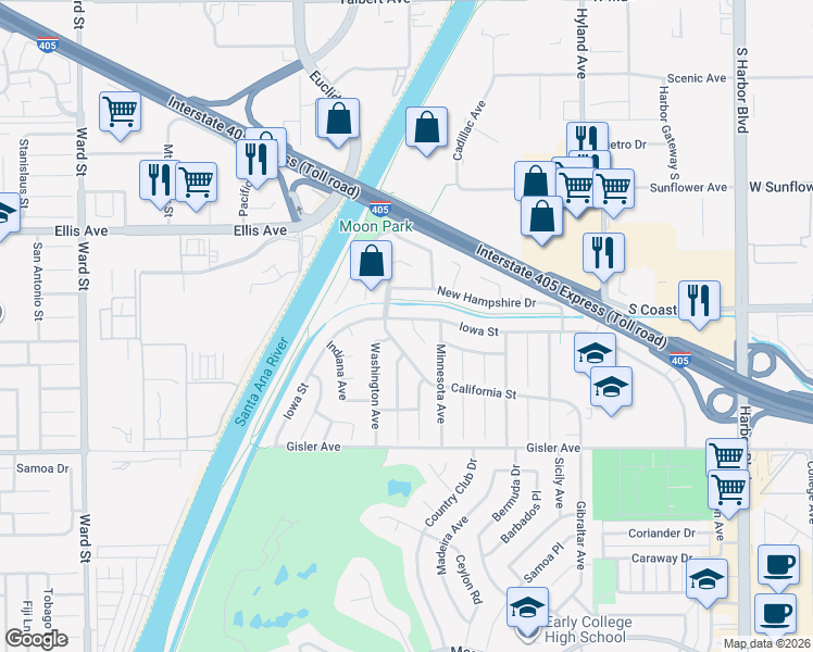 map of restaurants, bars, coffee shops, grocery stores, and more near 1799 Iowa Street in Costa Mesa