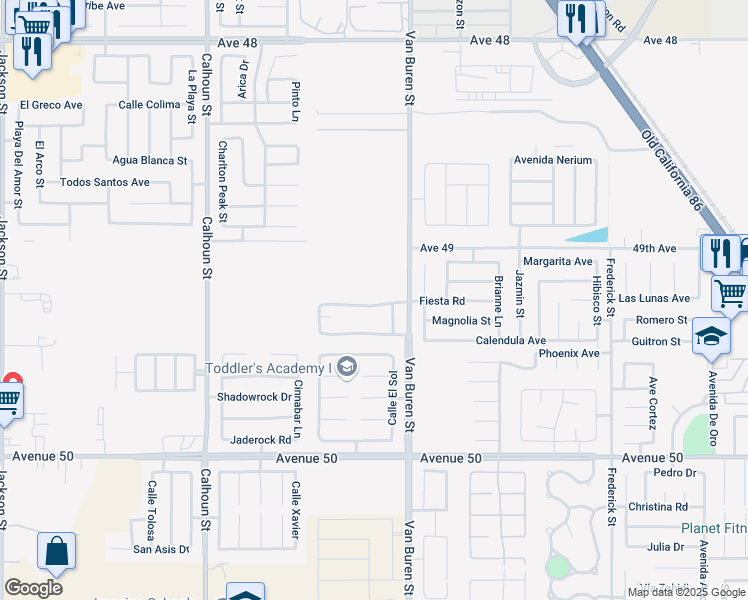 map of restaurants, bars, coffee shops, grocery stores, and more near 83978 Fiesta Road in Coachella