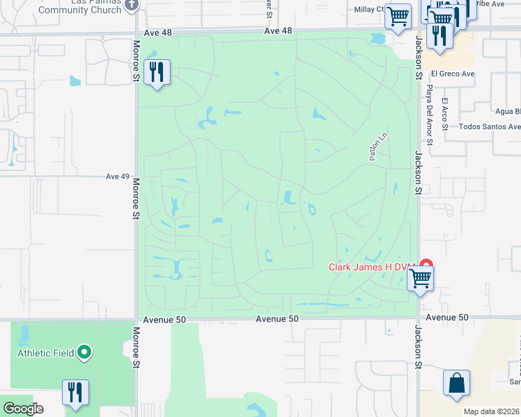 map of restaurants, bars, coffee shops, grocery stores, and more near 49230 Douglas Street in Indio