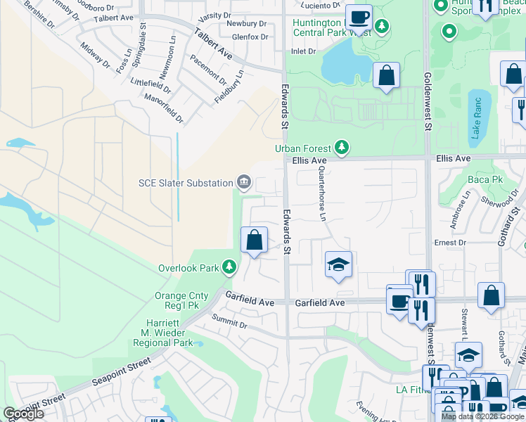 map of restaurants, bars, coffee shops, grocery stores, and more near 6416 Setting Sun Drive in Huntington Beach