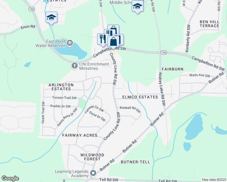 map of restaurants, bars, coffee shops, grocery stores, and more near 2362 County Line Road Southwest in Atlanta