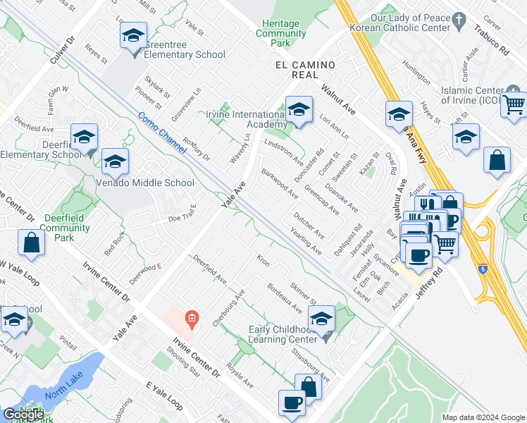 map of restaurants, bars, coffee shops, grocery stores, and more near 4902 Gainsport Circle in Irvine