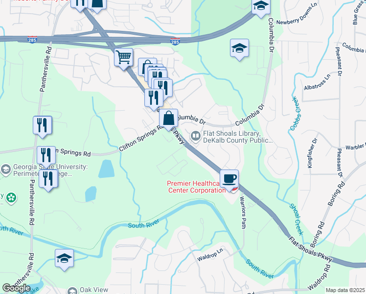 map of restaurants, bars, coffee shops, grocery stores, and more near 4025 Flat Shoals Parkway in Decatur