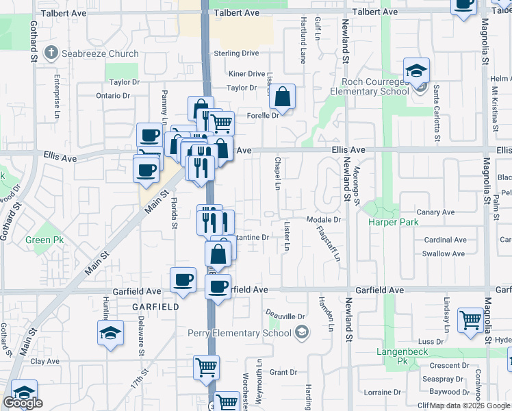 map of restaurants, bars, coffee shops, grocery stores, and more near 18702 Demion Lane in Huntington Beach