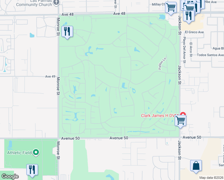 map of restaurants, bars, coffee shops, grocery stores, and more near 49230 Douglas Street in Indio