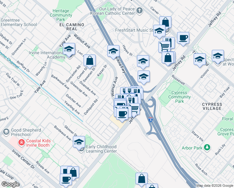 map of restaurants, bars, coffee shops, grocery stores, and more near 22 Walnut Avenue in Irvine