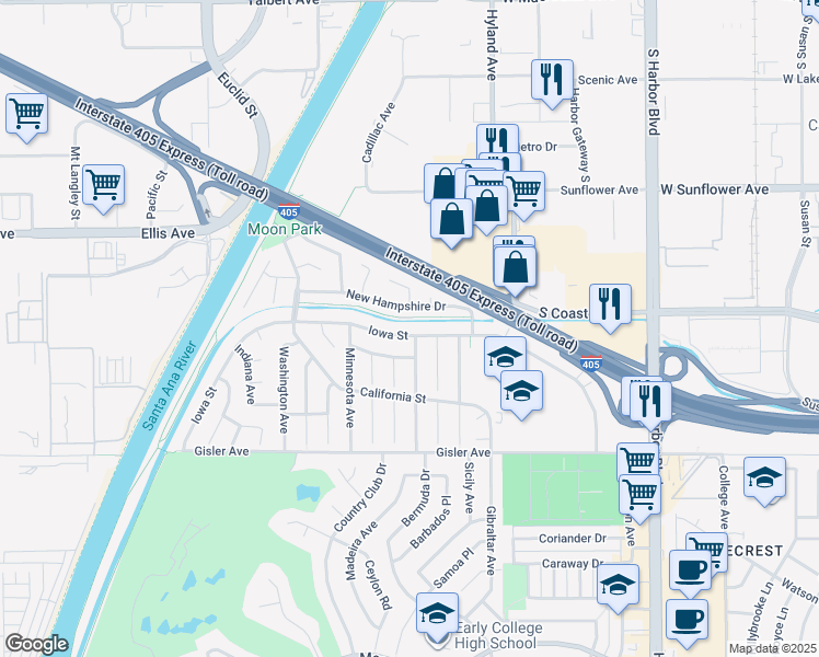 map of restaurants, bars, coffee shops, grocery stores, and more near 1687 New Hampshire Drive in Costa Mesa
