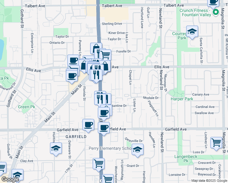 map of restaurants, bars, coffee shops, grocery stores, and more near 18672 Libra Circle in Huntington Beach