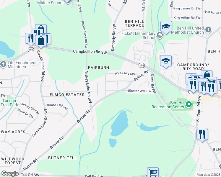 map of restaurants, bars, coffee shops, grocery stores, and more near 2320 Palmetto Avenue Southwest in Atlanta