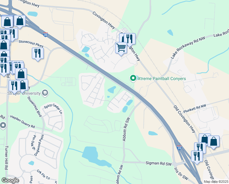 map of restaurants, bars, coffee shops, grocery stores, and more near 2600 Iris Drive Southwest in Conyers