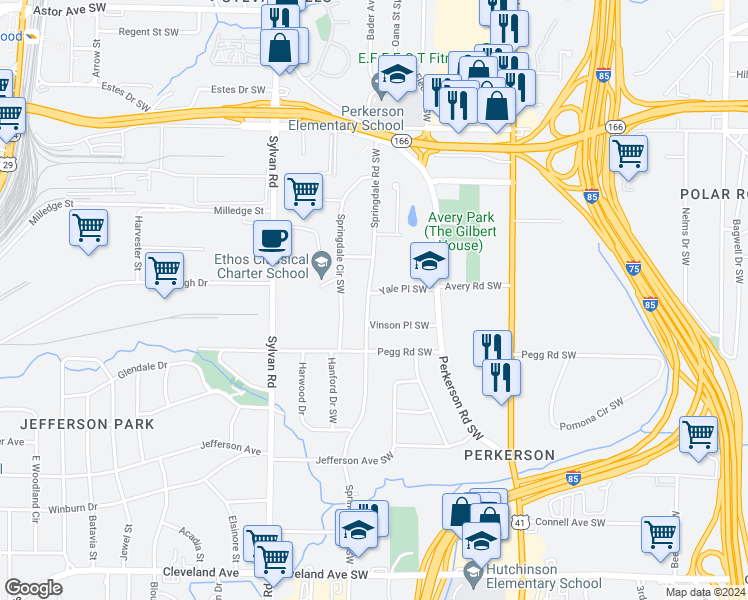map of restaurants, bars, coffee shops, grocery stores, and more near 2330 Springdale Road Southwest in Atlanta