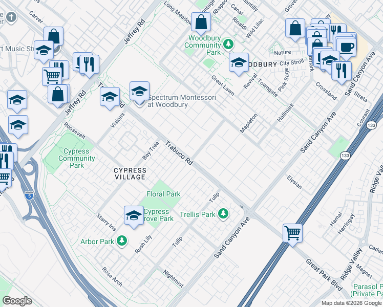 map of restaurants, bars, coffee shops, grocery stores, and more near 21 Paperbark in Irvine