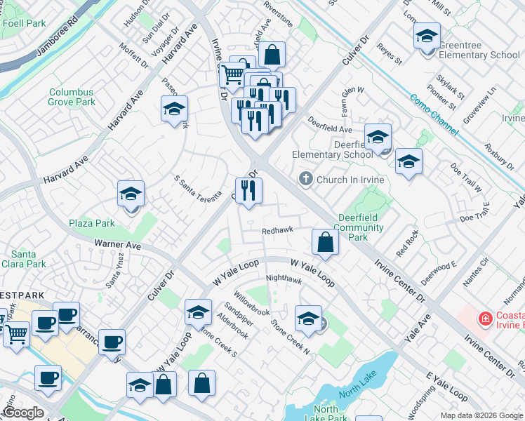 map of restaurants, bars, coffee shops, grocery stores, and more near 26 Morning Dove in Irvine