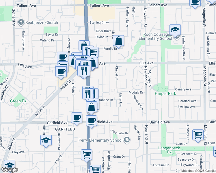map of restaurants, bars, coffee shops, grocery stores, and more near 18702 Demion Lane in Huntington Beach