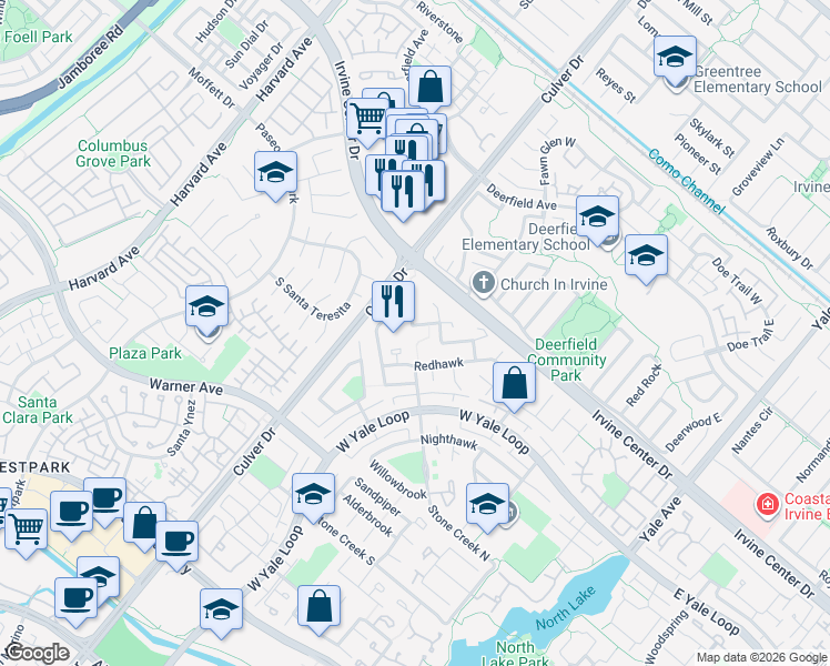 map of restaurants, bars, coffee shops, grocery stores, and more near 26 Morning Dove in Irvine
