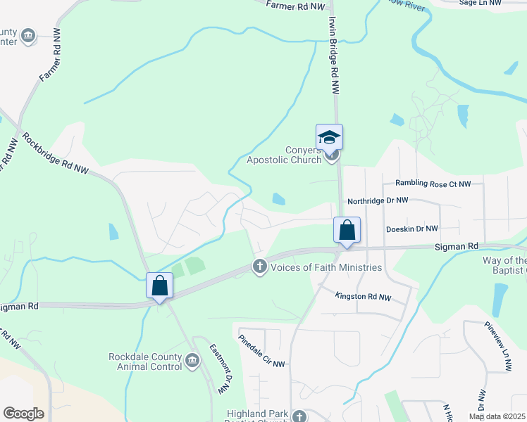 map of restaurants, bars, coffee shops, grocery stores, and more near 1599 Larkspur Trail in Conyers
