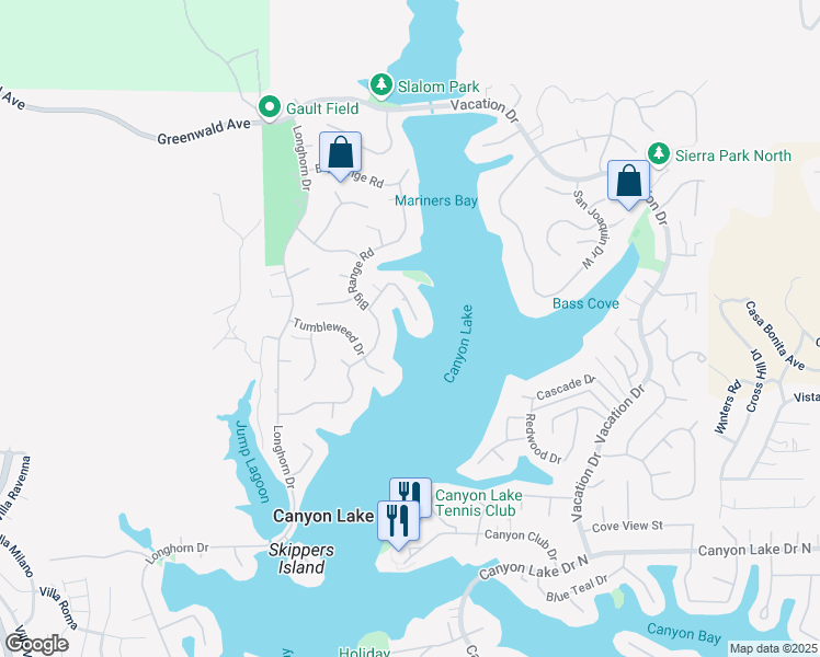 map of restaurants, bars, coffee shops, grocery stores, and more near 22485 Whirlaway Court in Canyon Lake