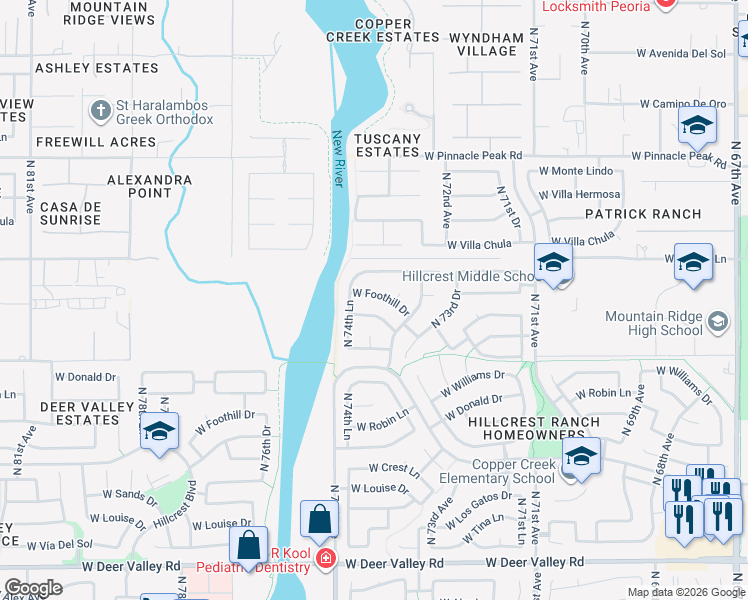 map of restaurants, bars, coffee shops, grocery stores, and more near 7444 West Foothill Drive in Glendale