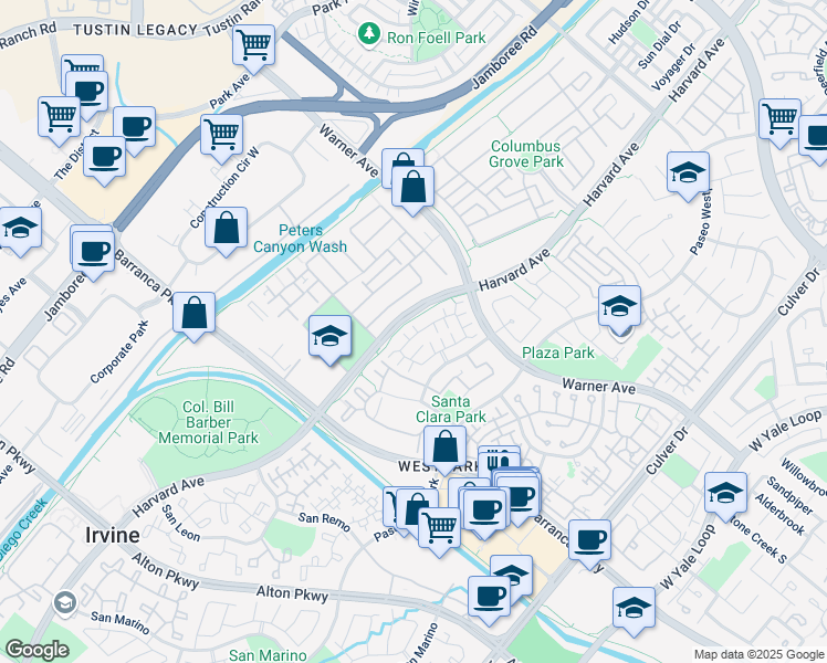 map of restaurants, bars, coffee shops, grocery stores, and more near 25 Marsala in Irvine