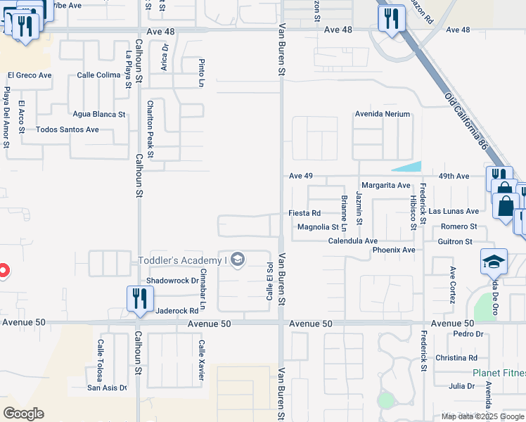 map of restaurants, bars, coffee shops, grocery stores, and more near 83978 Fiesta Road in Coachella