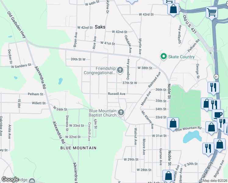 map of restaurants, bars, coffee shops, grocery stores, and more near 324 Magnolia Avenue in Anniston