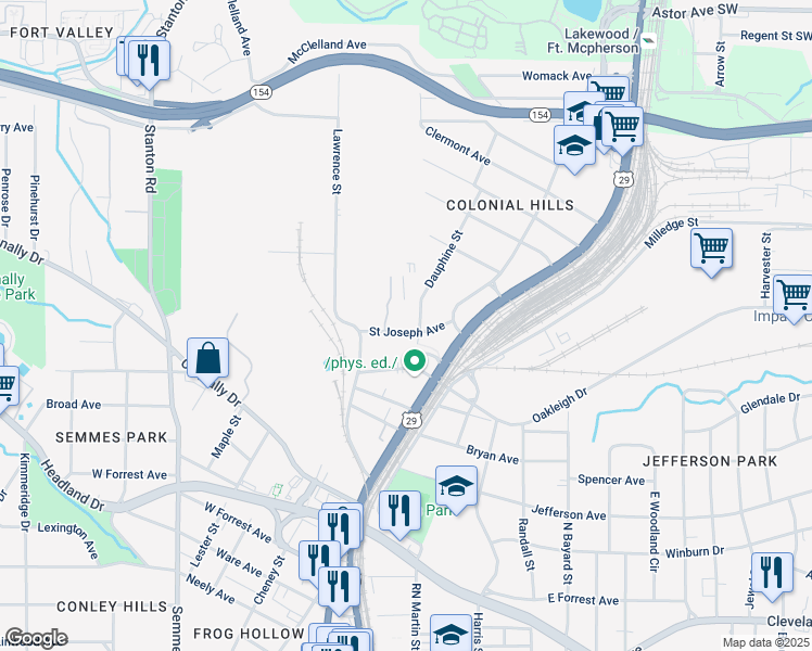map of restaurants, bars, coffee shops, grocery stores, and more near 2323 Dauphine Street in East Point
