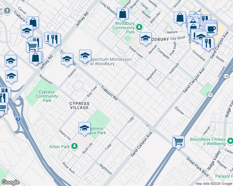 map of restaurants, bars, coffee shops, grocery stores, and more near 21 Paperbark in Irvine