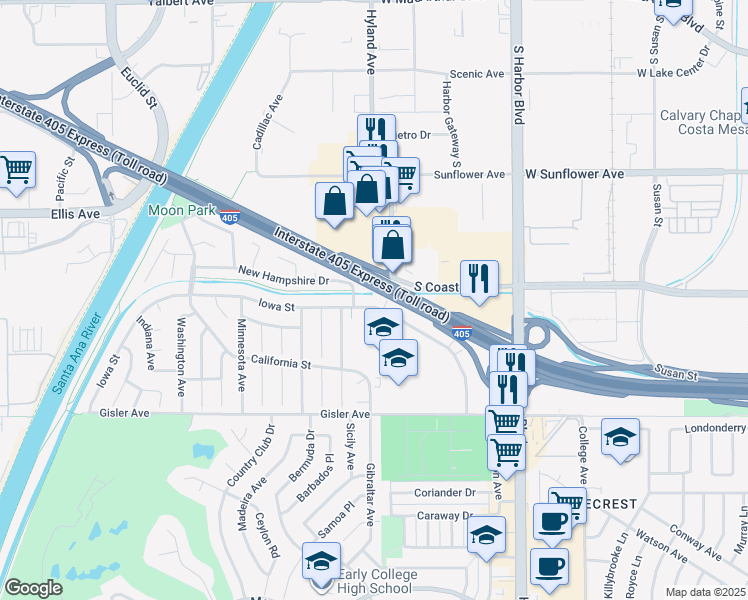 map of restaurants, bars, coffee shops, grocery stores, and more near 1626 Iowa Street in Costa Mesa