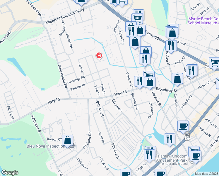 map of restaurants, bars, coffee shops, grocery stores, and more near 978 Park Drive in Myrtle Beach