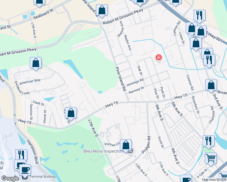 map of restaurants, bars, coffee shops, grocery stores, and more near 1235 Alberta Drive in Myrtle Beach