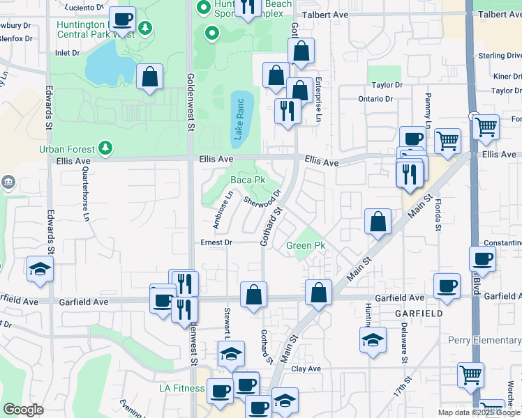 map of restaurants, bars, coffee shops, grocery stores, and more near 18697 Fairfax Lane in Huntington Beach