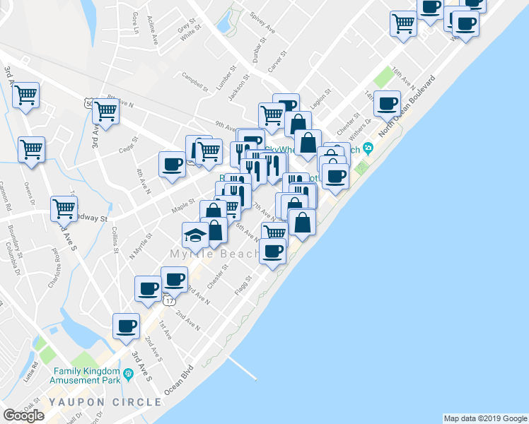 map of restaurants, bars, coffee shops, grocery stores, and more near 402 7th Avenue North in Myrtle Beach