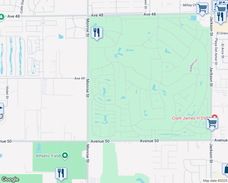 map of restaurants, bars, coffee shops, grocery stores, and more near 49225 Eisenhower Drive in Indio