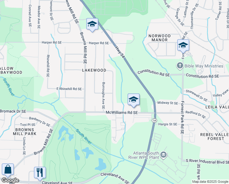 map of restaurants, bars, coffee shops, grocery stores, and more near 2292 Carey Drive Southeast in Atlanta