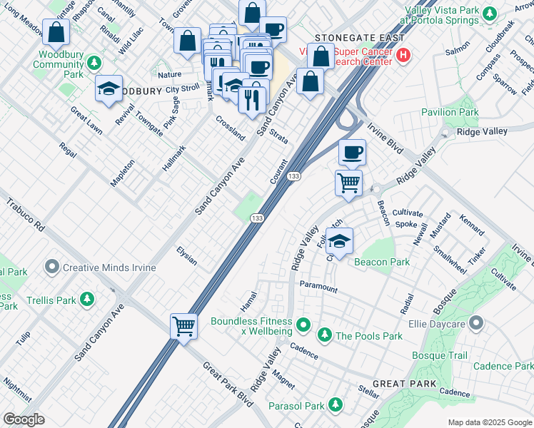 map of restaurants, bars, coffee shops, grocery stores, and more near Eastern Transportation Corridor in Irvine