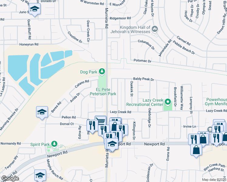 map of restaurants, bars, coffee shops, grocery stores, and more near 29595 Mount Bachelor Way in Menifee