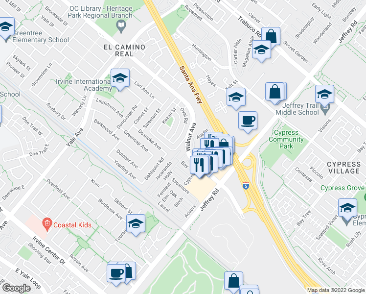 map of restaurants, bars, coffee shops, grocery stores, and more near 22 Walnut Avenue in Irvine