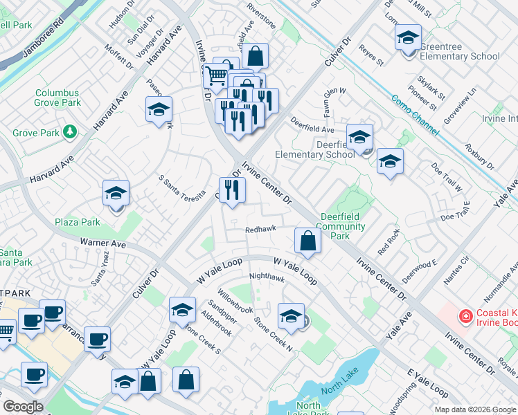 map of restaurants, bars, coffee shops, grocery stores, and more near 36 Morning Dove in Irvine