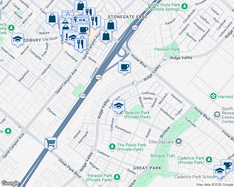 map of restaurants, bars, coffee shops, grocery stores, and more near 209 Follyhatch in Irvine