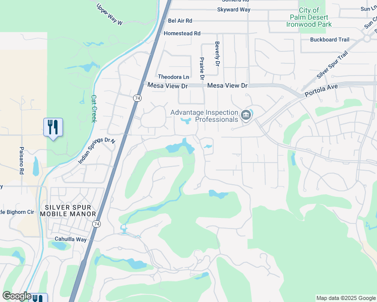 map of restaurants, bars, coffee shops, grocery stores, and more near 916 Andreas Canyon Drive in Palm Desert