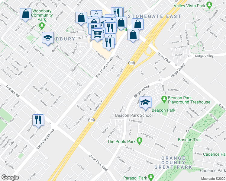 map of restaurants, bars, coffee shops, grocery stores, and more near 30 Crosspointe in Irvine